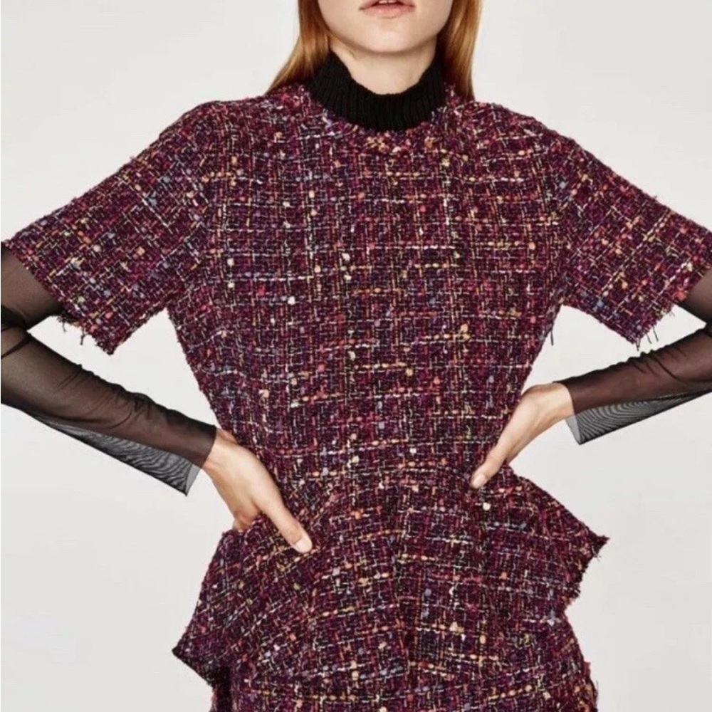 Zara Tweed Peplum Multicolor Purple Pink Raw Hem Drop Split Back Top Size XS